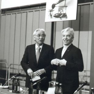 Karajan with Akio Morita at launch of first CD Karajan with Akio Morita at launch of first CD